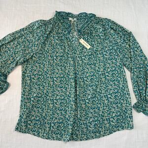 MAX STUDIO Holiday Green Floral Boho Ruffle Peasant Blouse – 1X – NWT